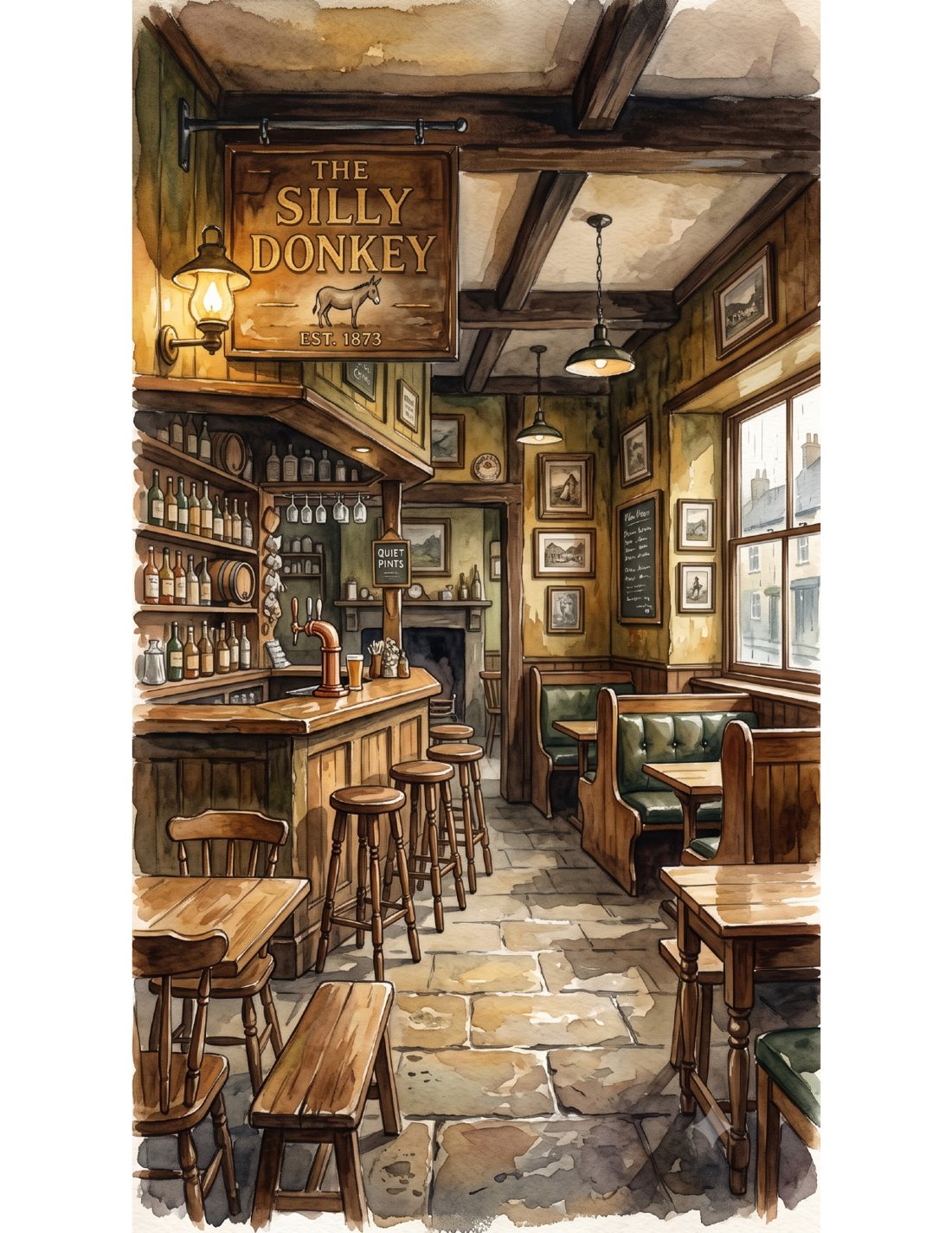 Watercolor painting of the Silly Donkey pub interior — stools up on the tables, a lamp lit beside the sign
